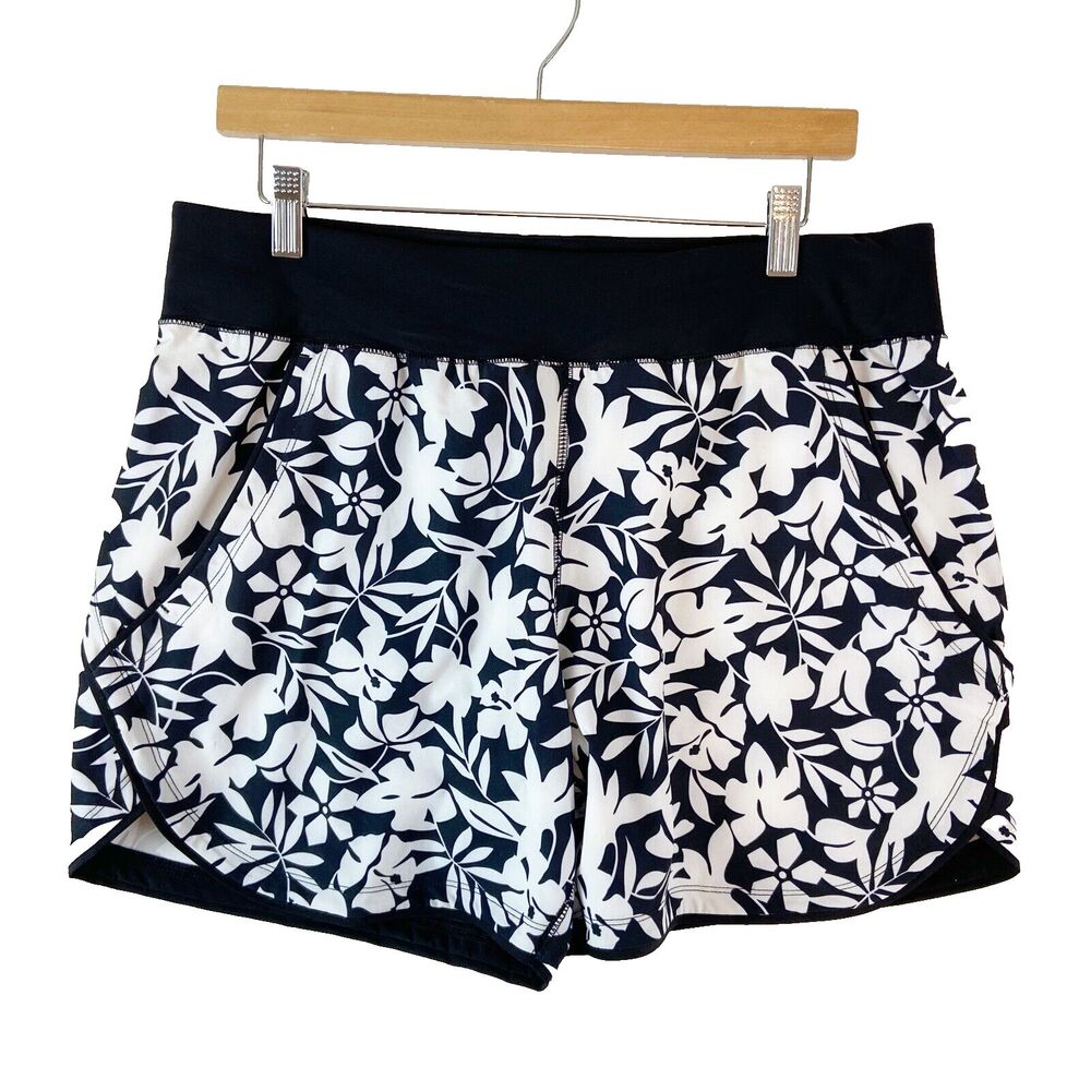 Lands' End Black and White Floral Swim Shorts